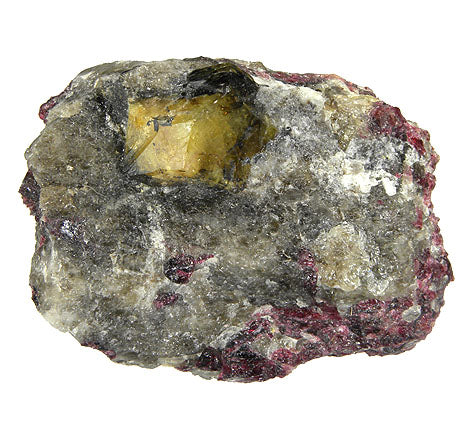 Rhodizite crystal with rubellite tourmaline on smoky quartz from Madagascar. Photo by Robert M. Lavinsky / iRocks.com, CC BY-SA 3.0 via Wikimedia Commons.