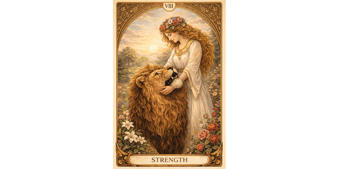Strength Major Arcana tarot card artwork