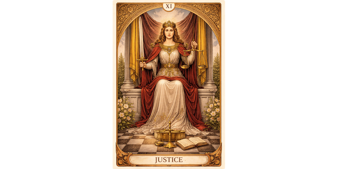 Justice Major Arcana tarot card artwork