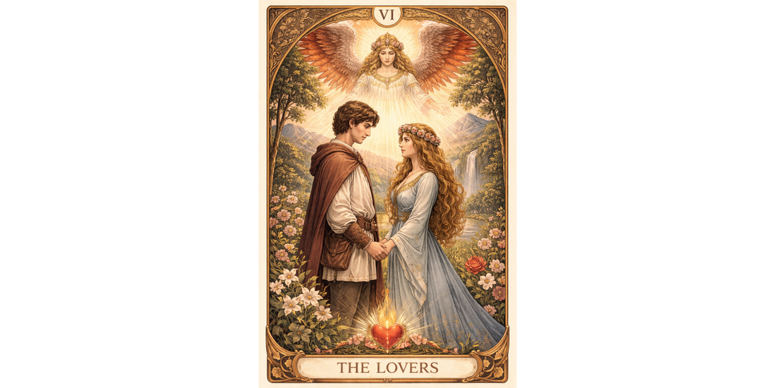 The Lovers Major Arcana tarot card artwork