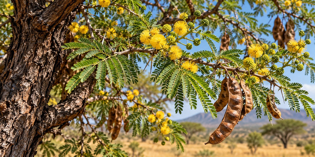 Acacia Babul / Babool (Vachellia nilotica) with yellow flower heads, bipinnate leaves, paired spines and constricted pods