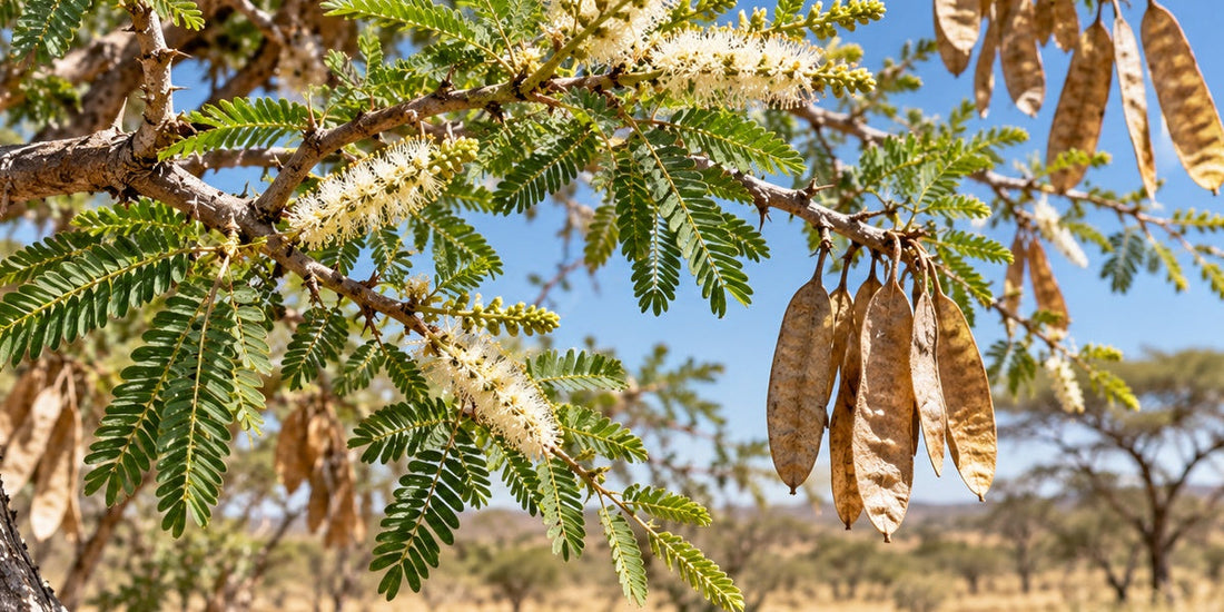 Acacia / Gum Arabic (Senegalia senegal) with bipinnate leaves, cream flower spikes and flat pods in dry savanna
