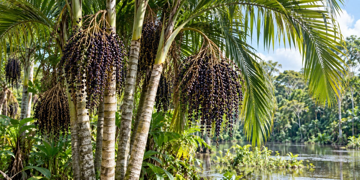 Açaí / Acai Berry (Euterpe oleracea) clustering palm with ringed stems, pinnate fronds and hanging purple-black fruit clusters