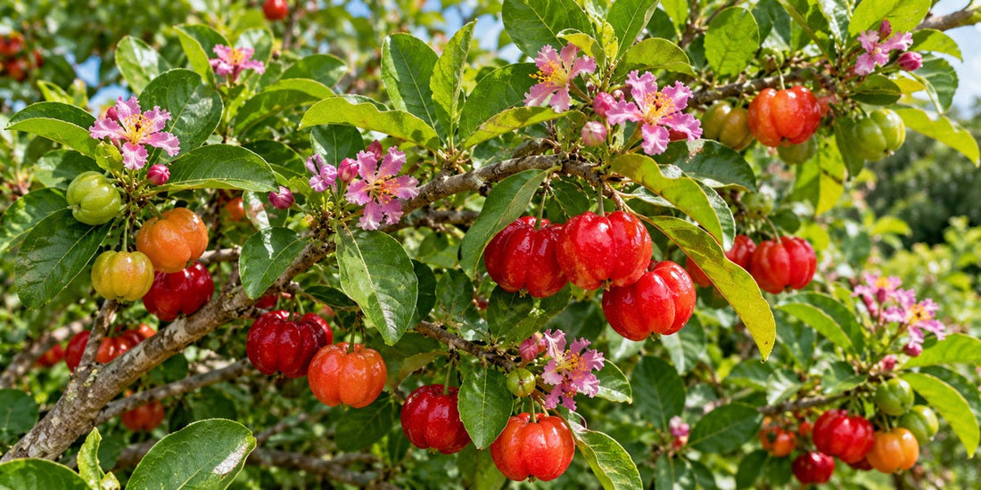 Acerola / Barbados Cherry (Malpighia emarginata) with pink five-petaled flowers, glossy opposite leaves and three-lobed red fruits