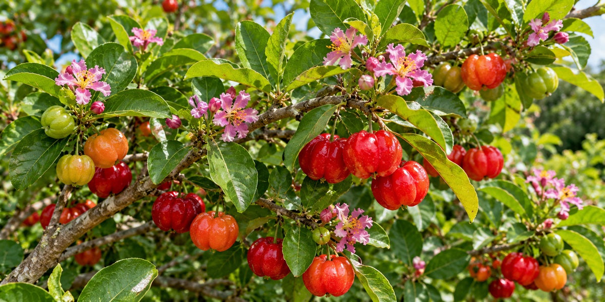 Acerola / Barbados Cherry (Malpighia emarginata) with pink five-petaled flowers, glossy opposite leaves and three-lobed red fruits