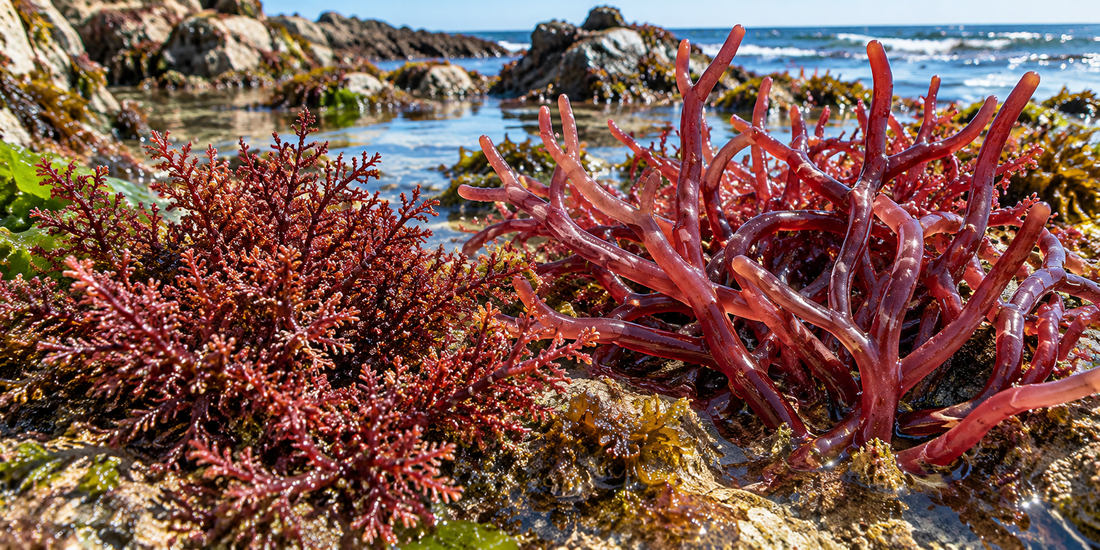 Agar-producing red algae in one natural tidepool scene showing Gelidium-like fine branching and Gracilaria-like fleshy branching