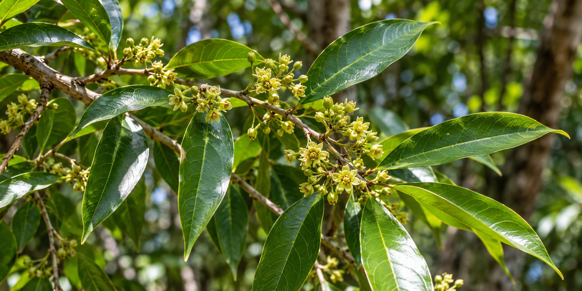 Aquilaria malaccensis branch with narrow glossy leaves and small yellow-green flowers