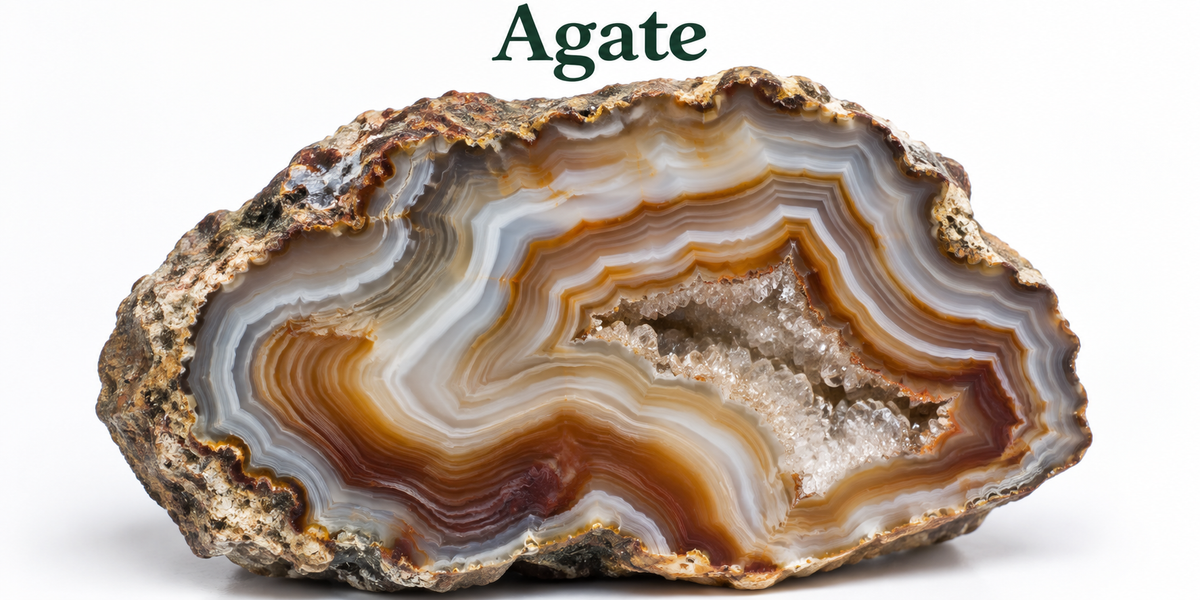 Natural agate cross-section with concentric banding and a quartz-filled cavity
