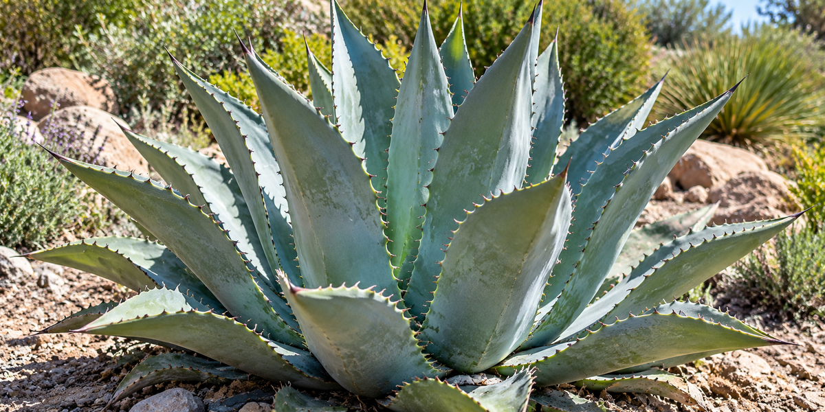 Agave americana century plant mature blue-gray rosette with marginal teeth and dark terminal spines