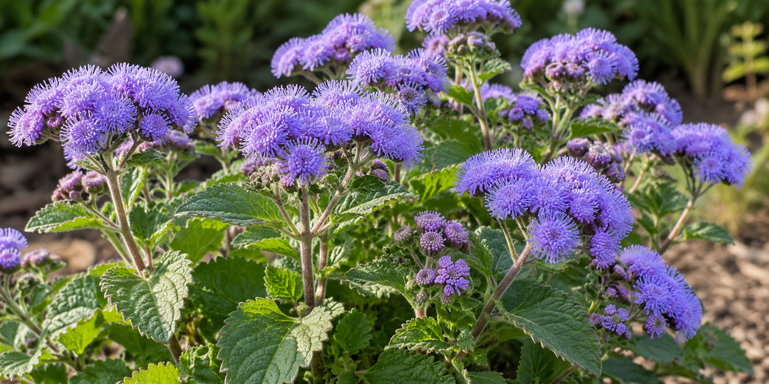 Ageratum houstonianum flossflower with blue-purple clustered flower heads and toothed leaves