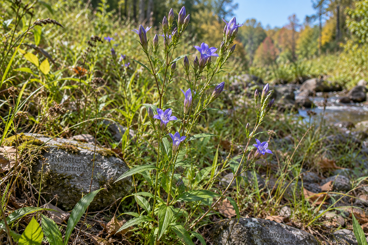 Gentianella quinquefolia stiff gentian with violet-blue flowers in a native streamside meadow