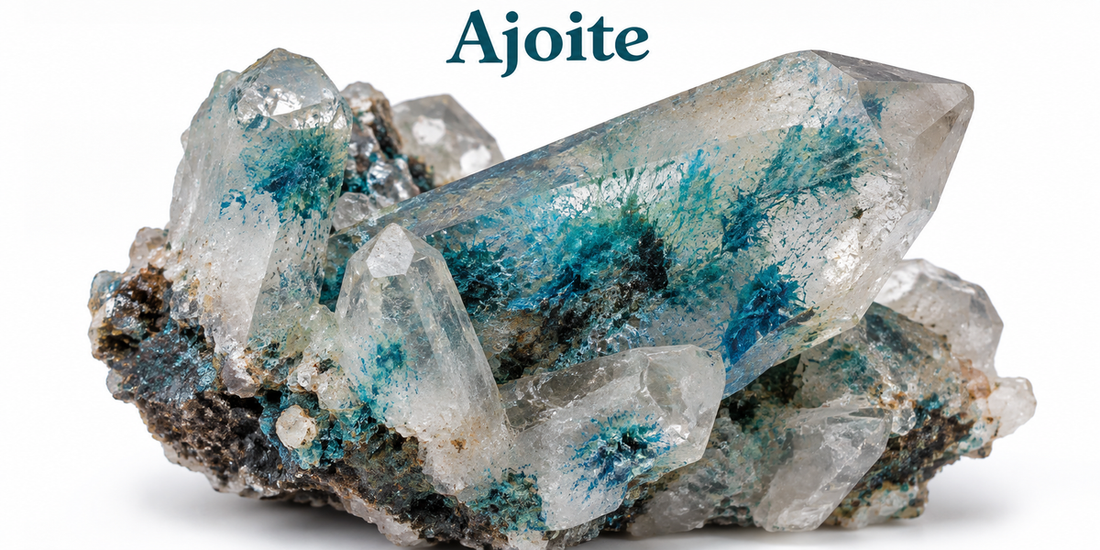 Ajoite inclusions in natural quartz crystal on matrix