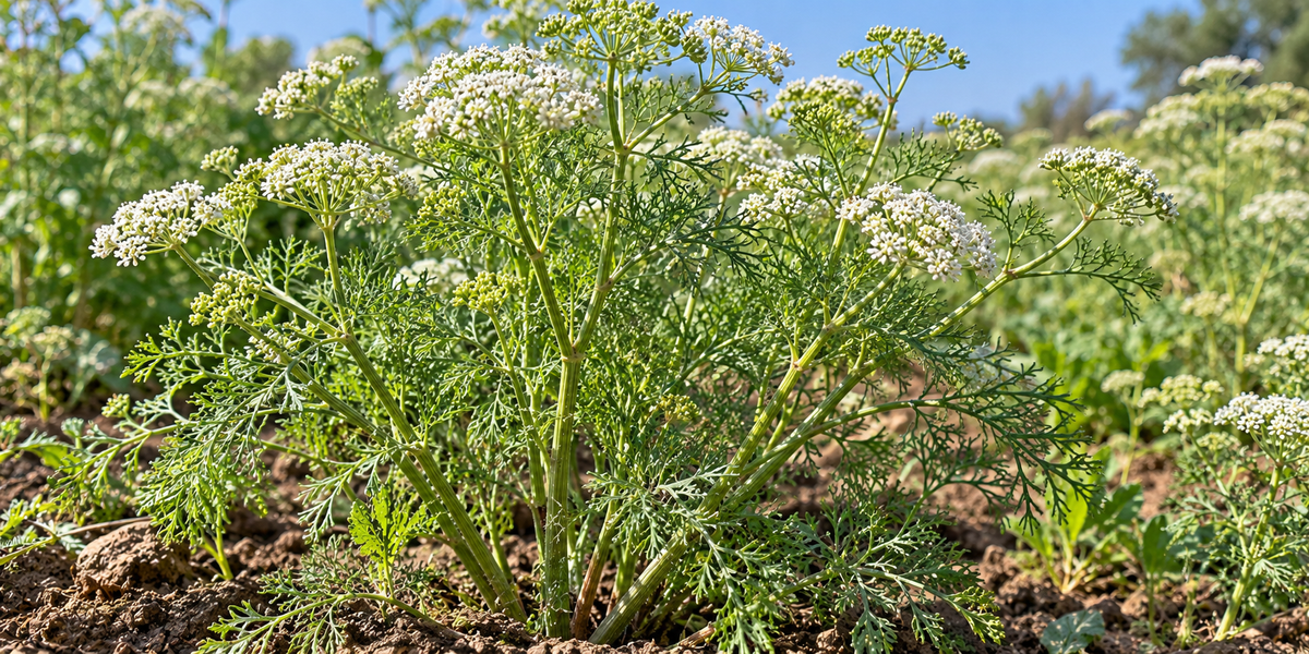Trachyspermum ammi ajwain plant with finely divided leaves and white compound umbels