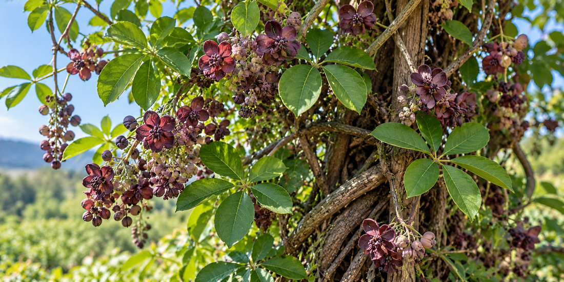 Akebia quinata chocolate vine with five-part leaves and purple-brown flowers