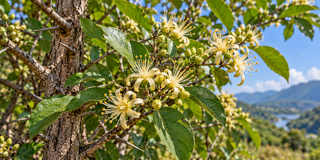 Alangium salviifolium flowering branch with cream recurved flowers, simple leaves and short spines