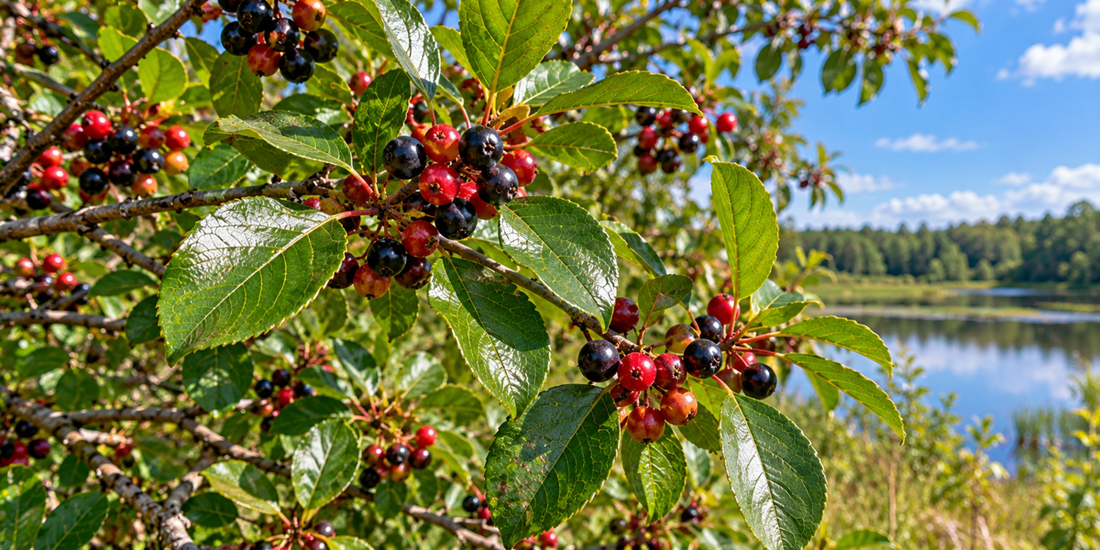 Frangula alnus glossy buckthorn with alternate glossy leaves and red to black fruits