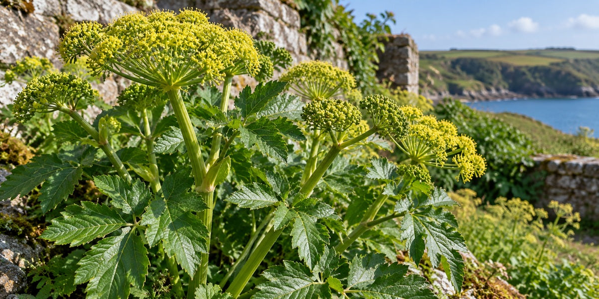 Smyrnium olusatrum Alexanders with glossy divided leaves and yellow-green compound umbels