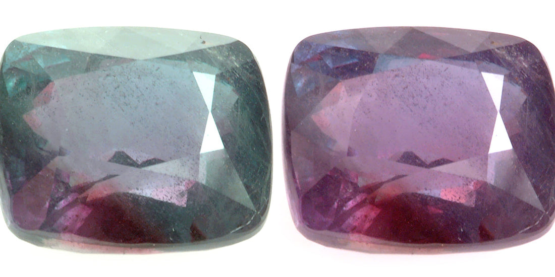 Alexandrite shown under different lighting to demonstrate its color-change effect; photograph by David Weinberg, CC BY-SA 3.0 via Wikimedia Commons.
