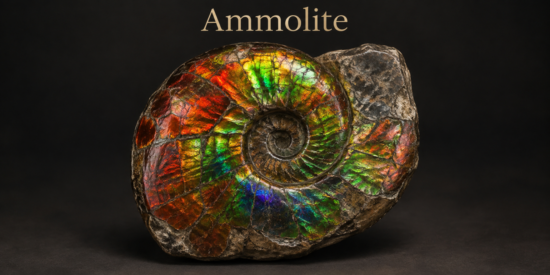 Ammolite iridescent fossil ammonite specimen — Roosters Peacock crystal guide