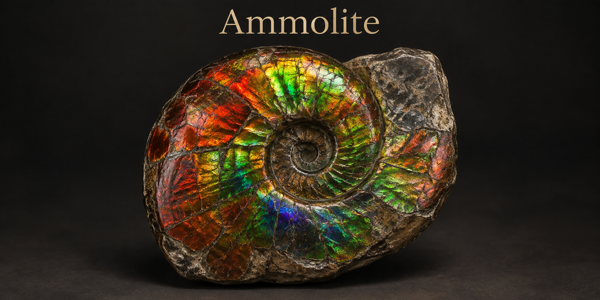 Ammolite iridescent fossil ammonite specimen — Roosters Peacock crystal guide