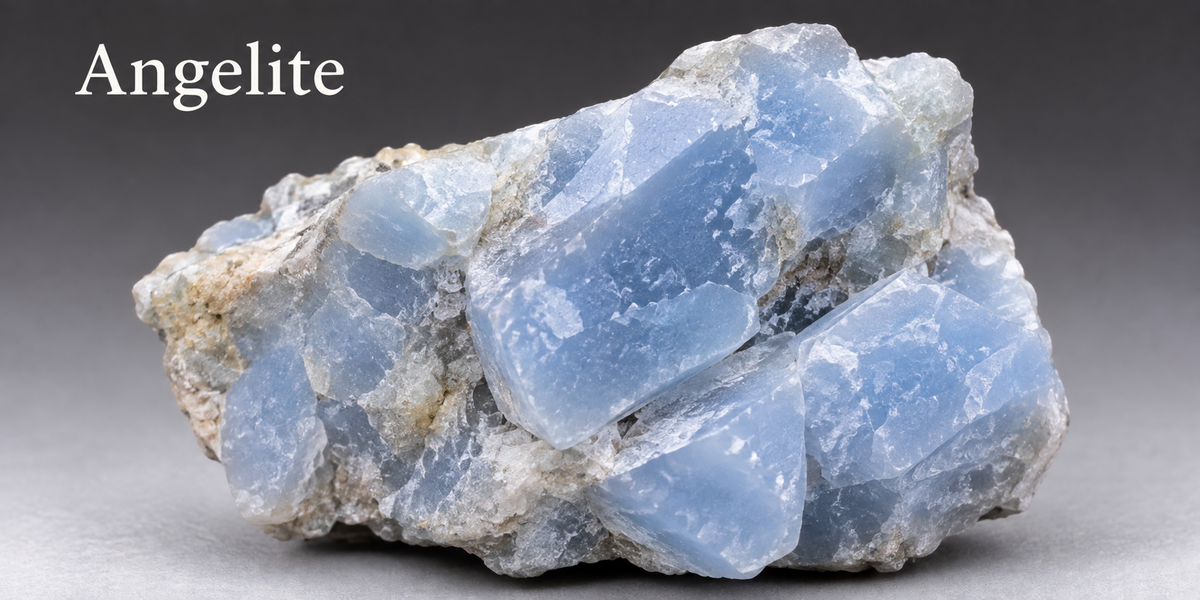 Angelite blue anhydrite specimen — Roosters Peacock crystal guide