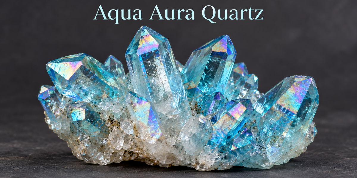 Aqua Aura Quartz gold-coated crystal cluster — Roosters Peacock crystal guide
