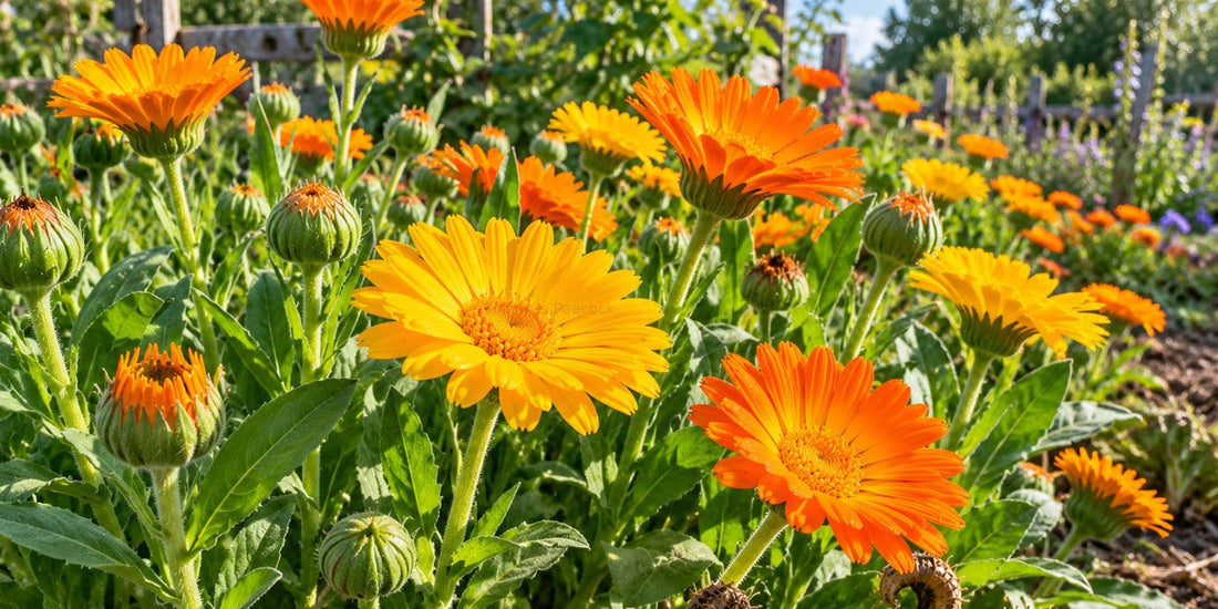 Original Roosters Peacock botanical visualization of yellow and orange Calendula officinalis in sunny garden