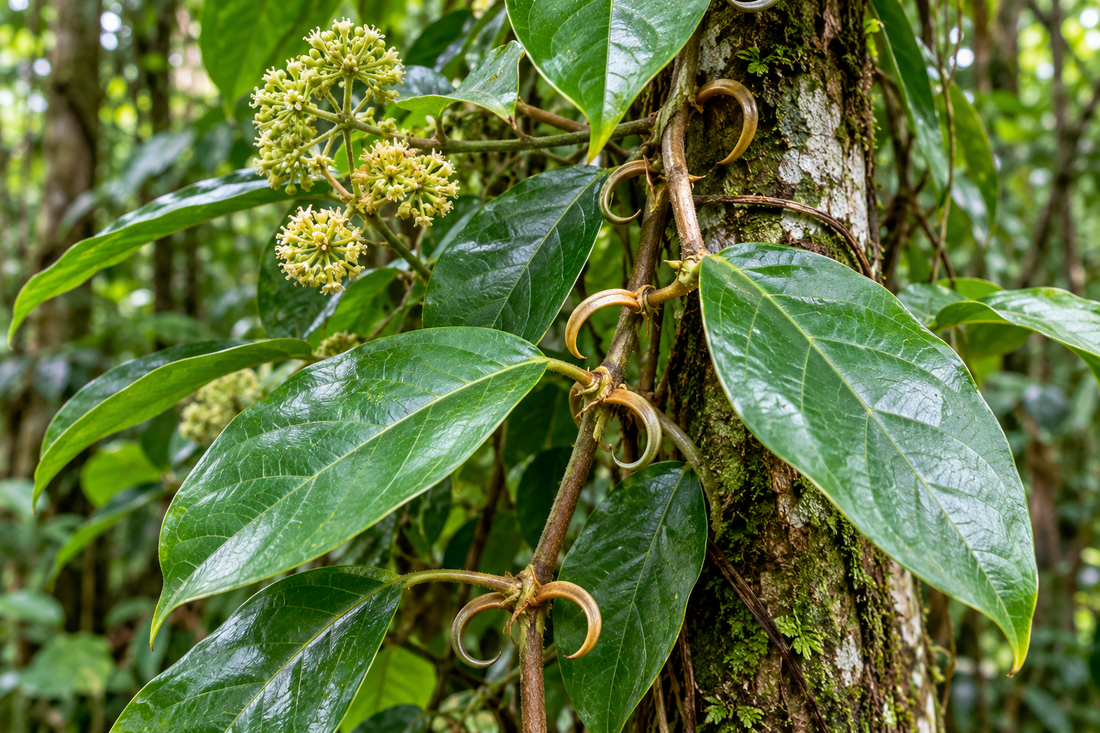 Original botanical visualization: Uncaria tomentosa Cat's Claw climbing vine, hooks and foliage