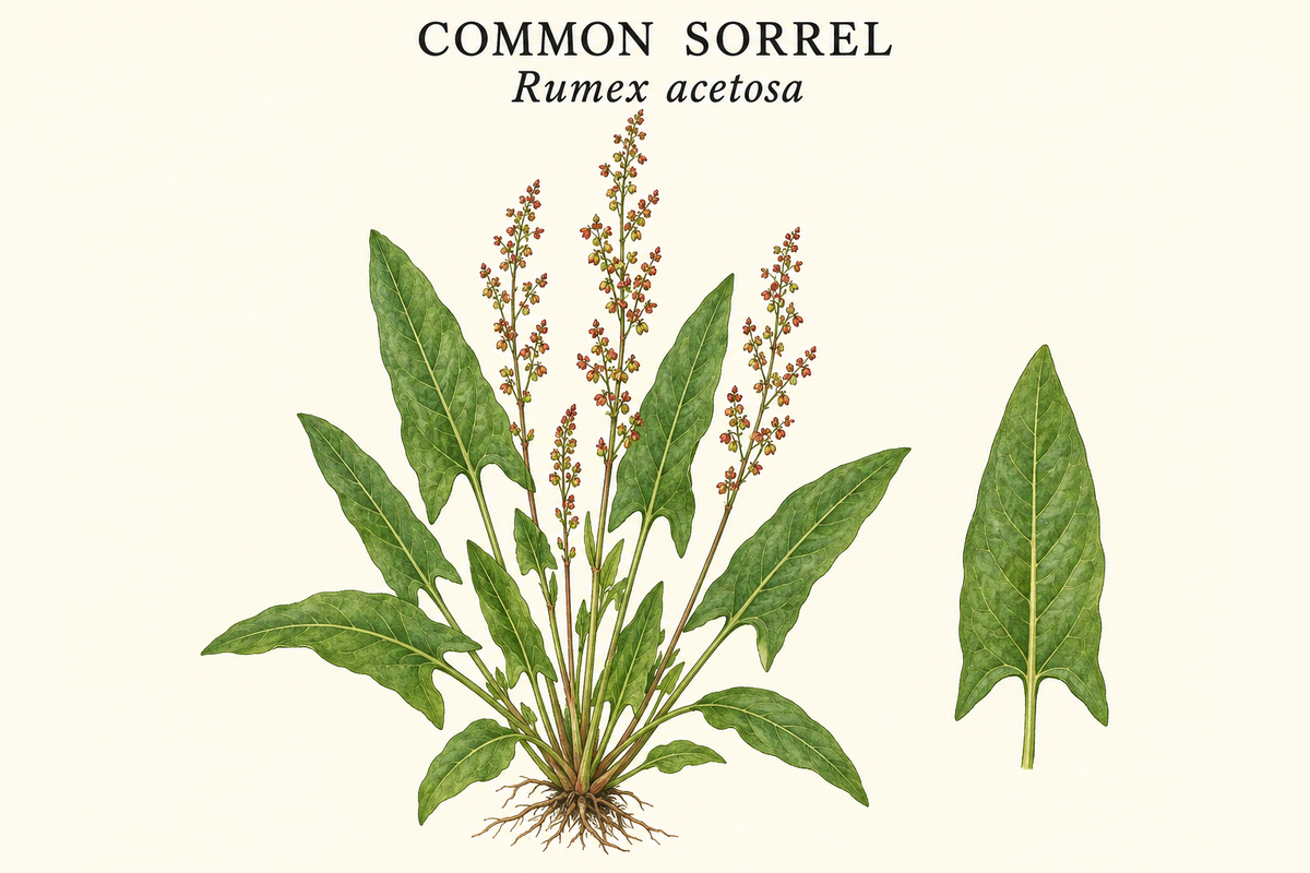 Editorial illustration labeled Common Sorrel and Rumex acetosa, showing arrow-shaped leaves and flowering stems