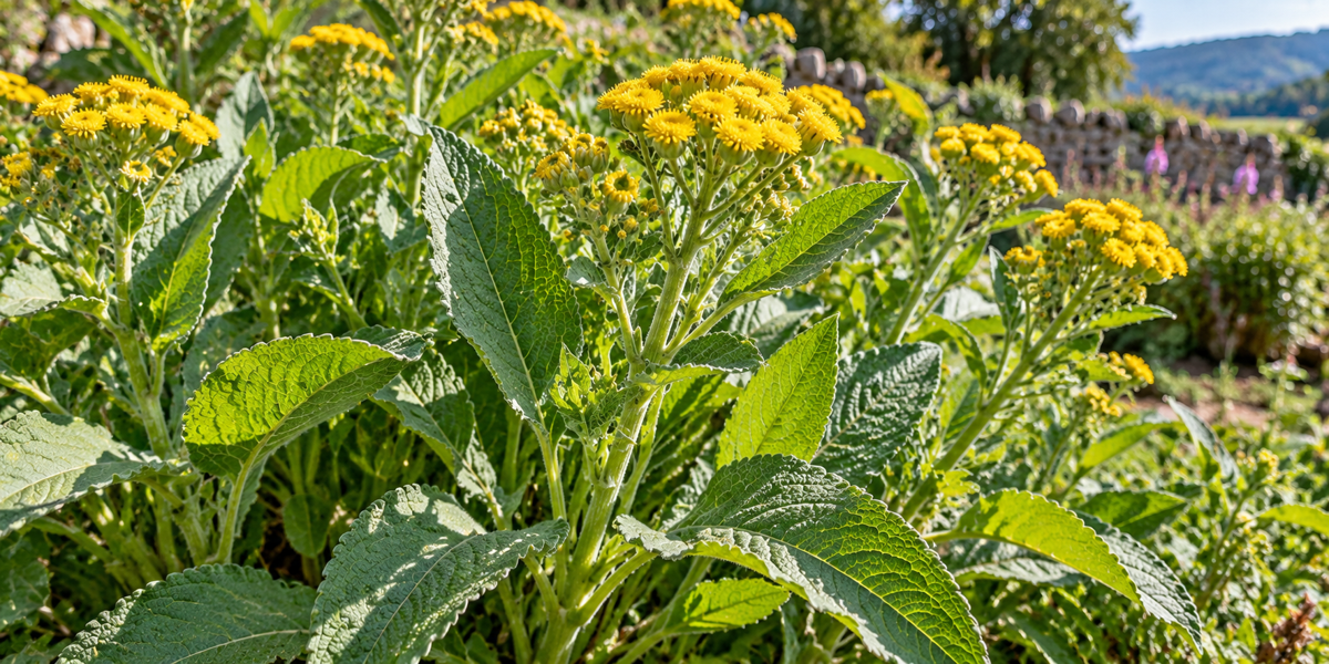 Tanacetum balsamita costmary with gray-green crenate leaves and yellow button flower heads