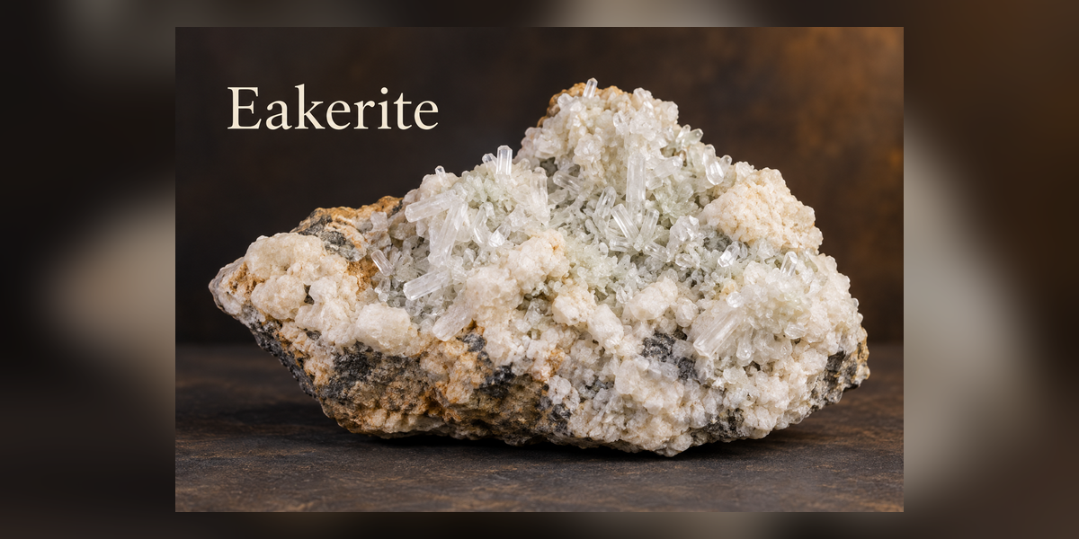 Eakerite colorless prismatic crystals on pale pegmatite matrix — Roosters Peacock crystal guide