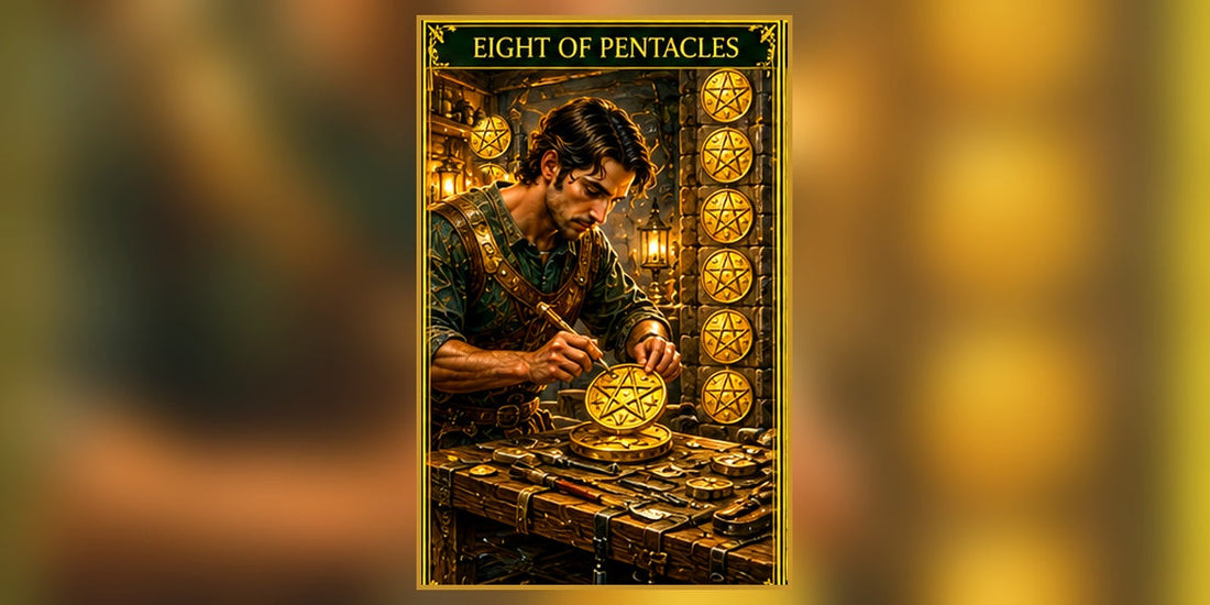 Eight of Pentacles tarot artwork with exactly eight clearly visible pentacles