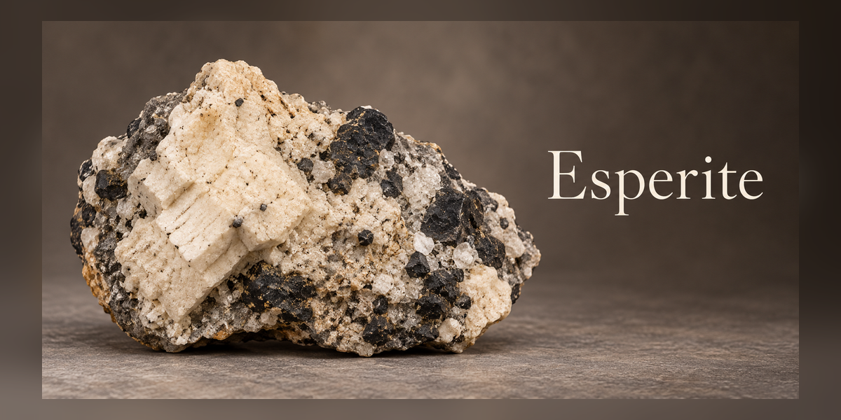 Esperite mineral specimen in mixed Franklin-style matrix — Roosters Peacock crystal guide