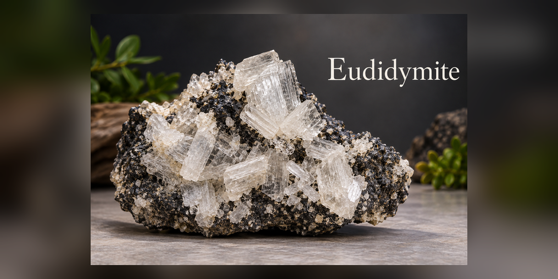 Eudidymite white twinned crystal specimen on matrix — Roosters Peacock crystal guide