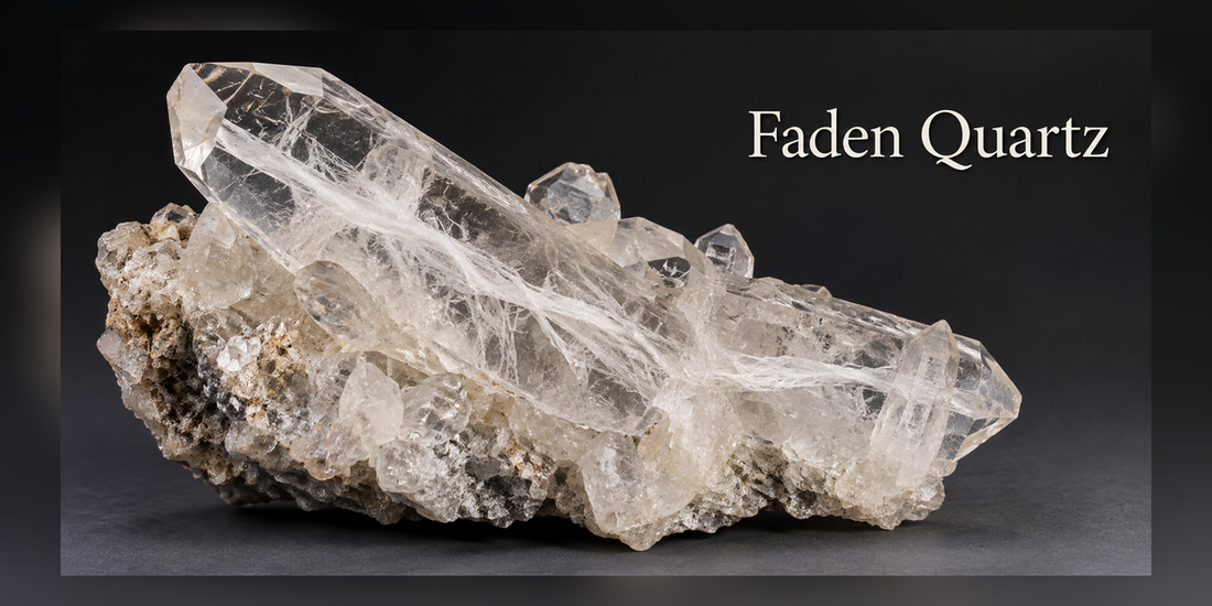 Faden Quartz specimen showing characteristic white thread-like growth zone — Roosters Peacock crystal guide