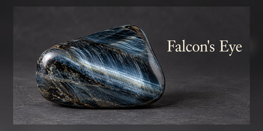 Falcon's Eye blue-gray chatoyant stone — Roosters Peacock crystal guide