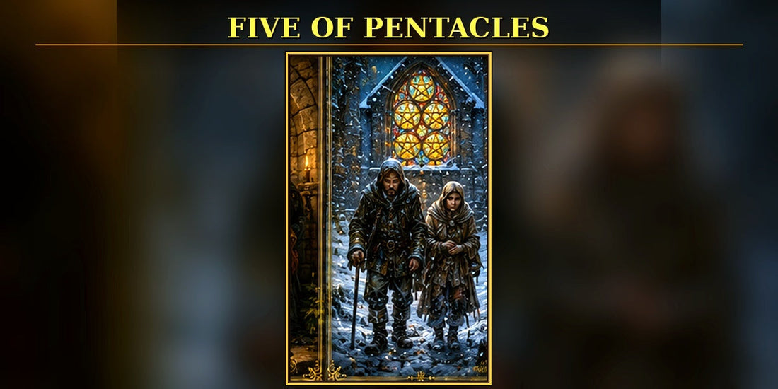 Five of Pentacles tarot artwork with exactly five clearly visible pentacles