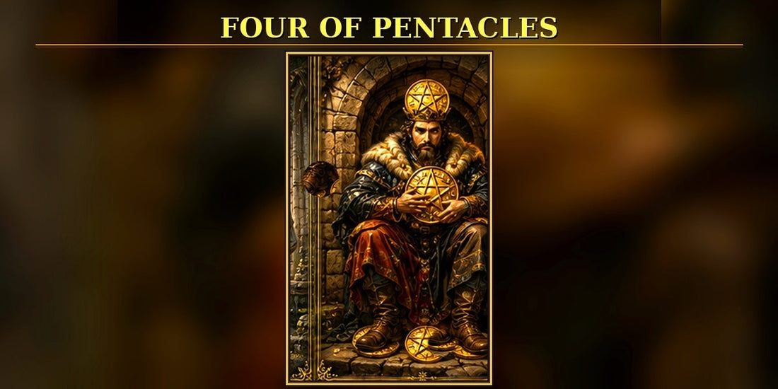 Four of Pentacles tarot artwork with exactly four clearly visible pentacles