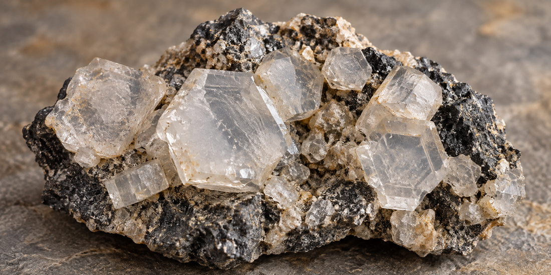 Mineralogically informed illustration of Indialite showing pale hexagonal tabular crystals on matrix — Roosters Peacock crystal guide