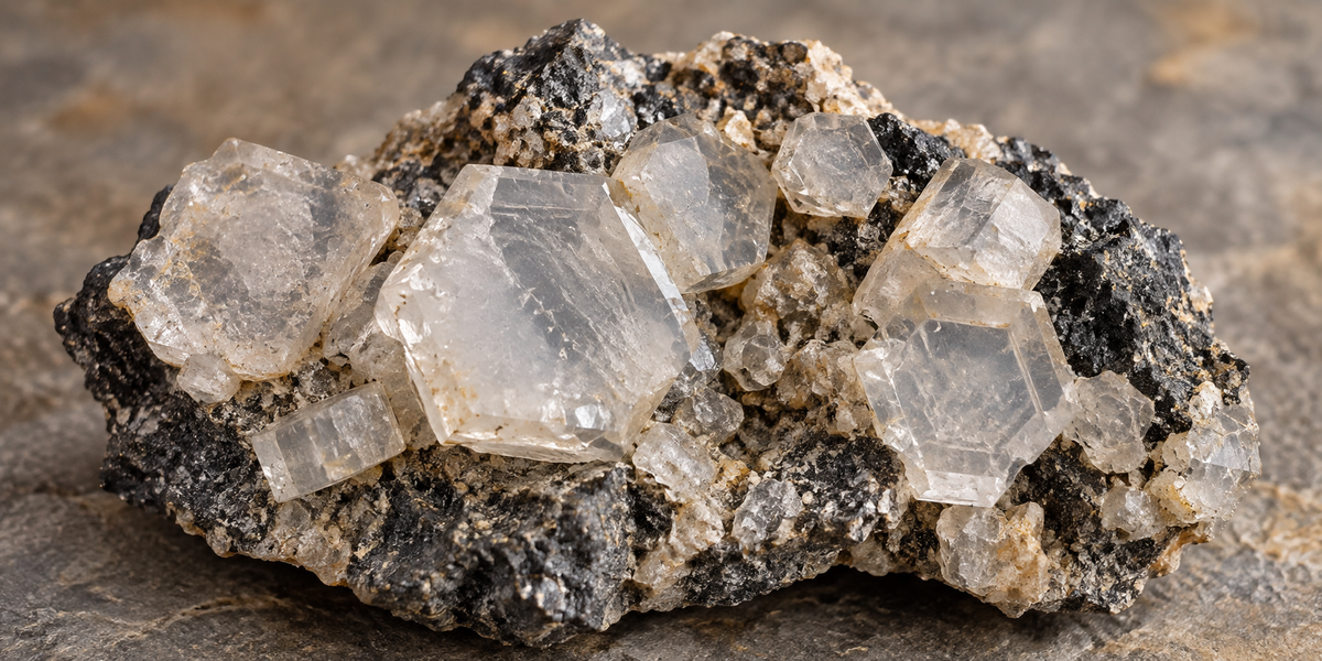 Mineralogically informed illustration of Indialite showing pale hexagonal tabular crystals on matrix — Roosters Peacock crystal guide