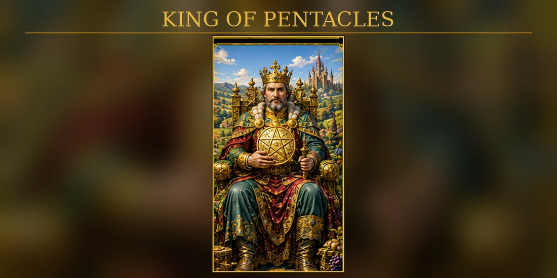 King of Pentacles tarot artwork preserving the approved king portrait while matching the Pentacles background style
