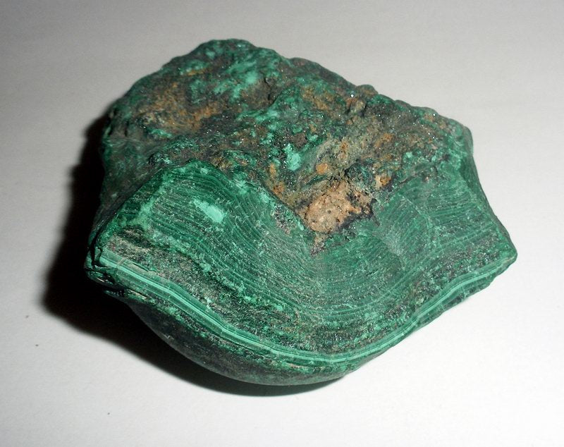 Natural malachite specimen; Arenamontanus, CC BY 2.0 — Roosters Peacock crystal guide