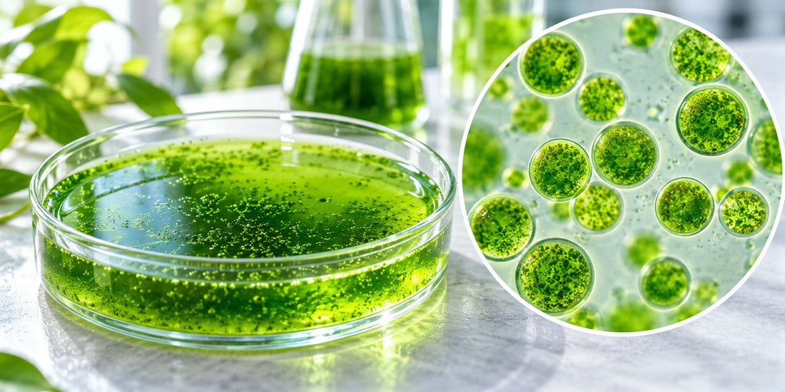 Original botanical visualization of Chlorella vulgaris, green algal culture with magnified circular cells
