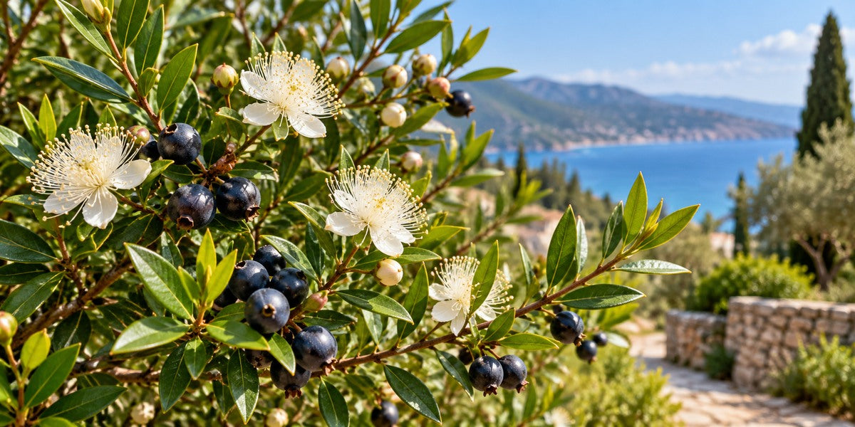 Original botanical visualization of Myrtus communis common myrtle, glossy narrow evergreen leaves, white flowers with many stamens, dark berries