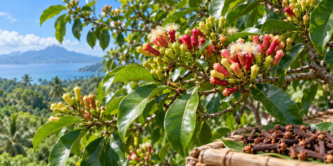 Original botanical visualization of Syzygium aromaticum clove tree, red and green flower buds, glossy opposite leaves, dried culinary cloves