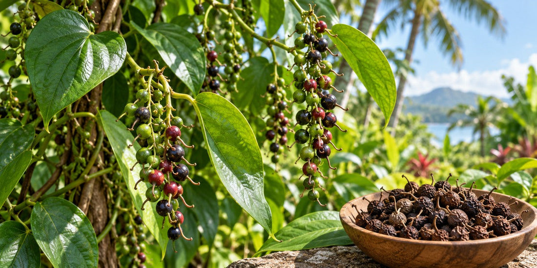 Original botanical visualization of Piper cubeba cubeb pepper vine, green to dark pendant fruit spikes and bowl of dried tailed cubeb pepper