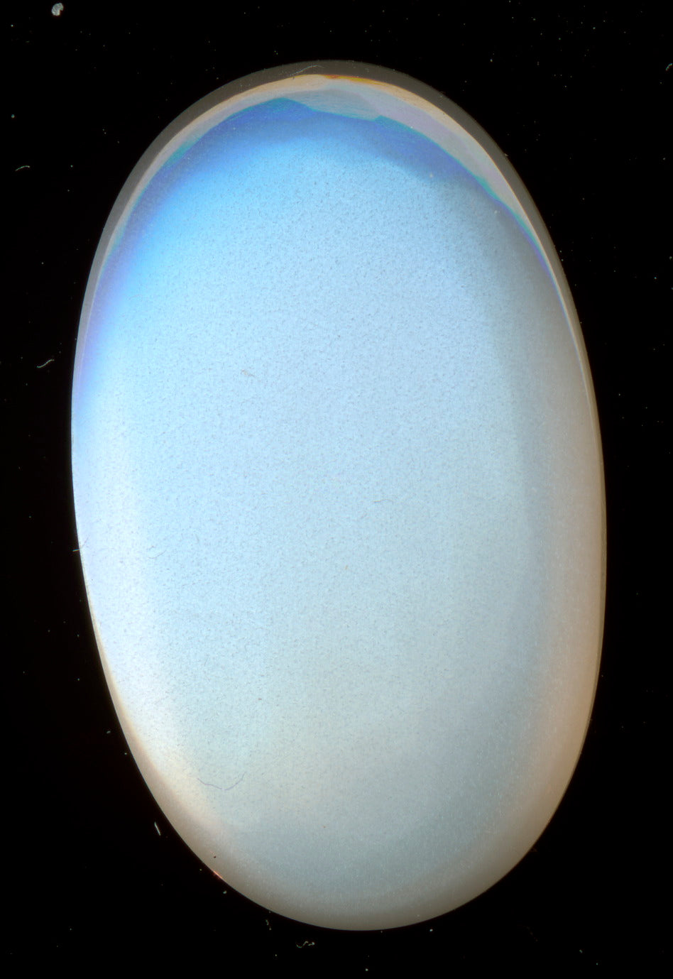 Natural moonstone cabochon from Meetiyagoda, Sri Lanka; Wouter Hagens, public domain — Roosters Peacock crystal guide