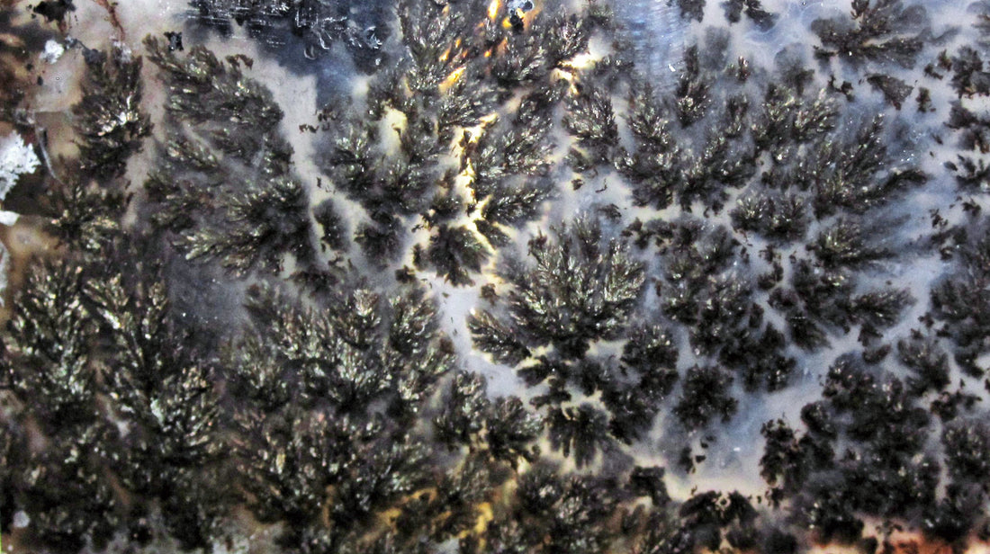 Natural moss agate chalcedony with mineral inclusions; James St. John, CC BY 2.0 — Roosters Peacock crystal guide