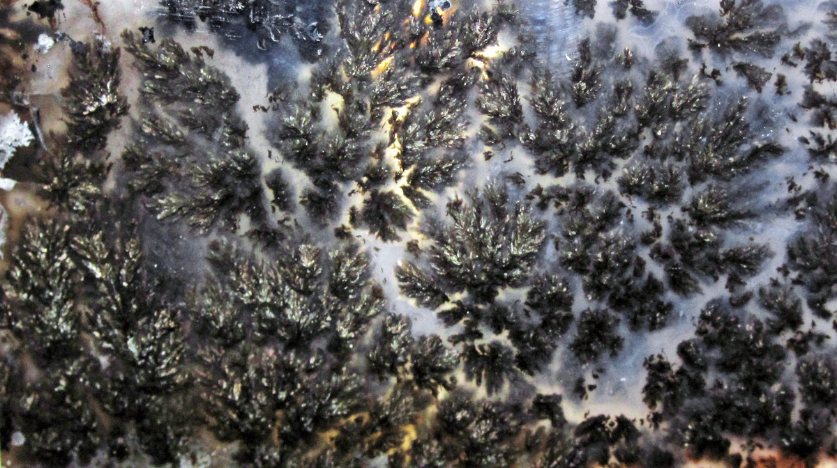 Natural moss agate chalcedony with mineral inclusions; James St. John, CC BY 2.0 — Roosters Peacock crystal guide