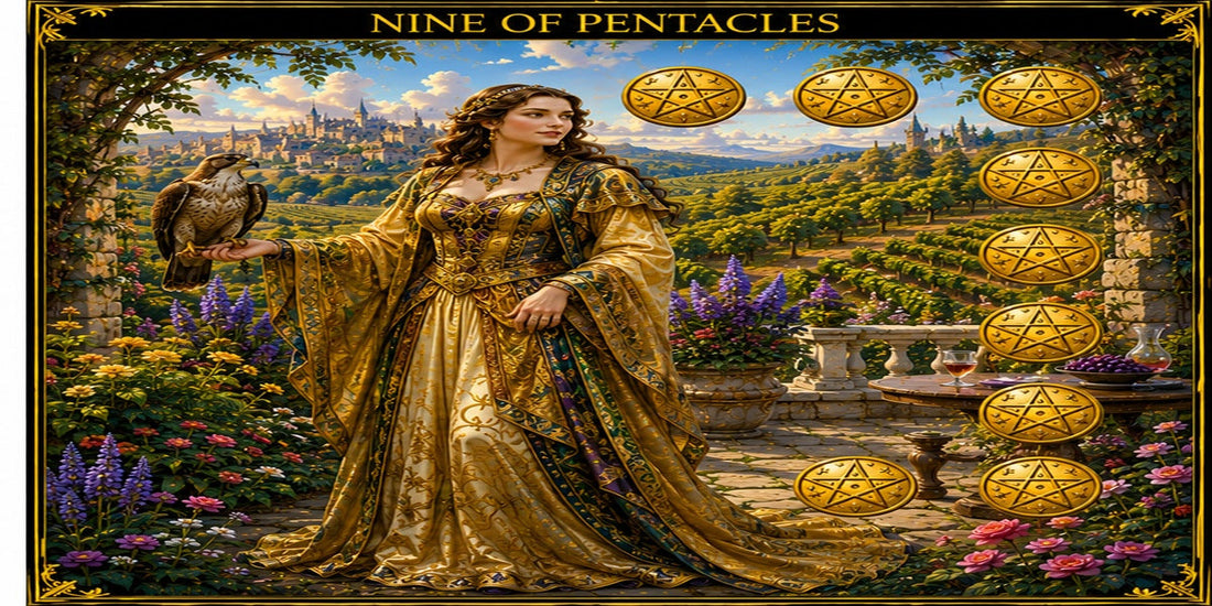 Nine of Pentacles tarot artwork with exactly nine visible pentacles